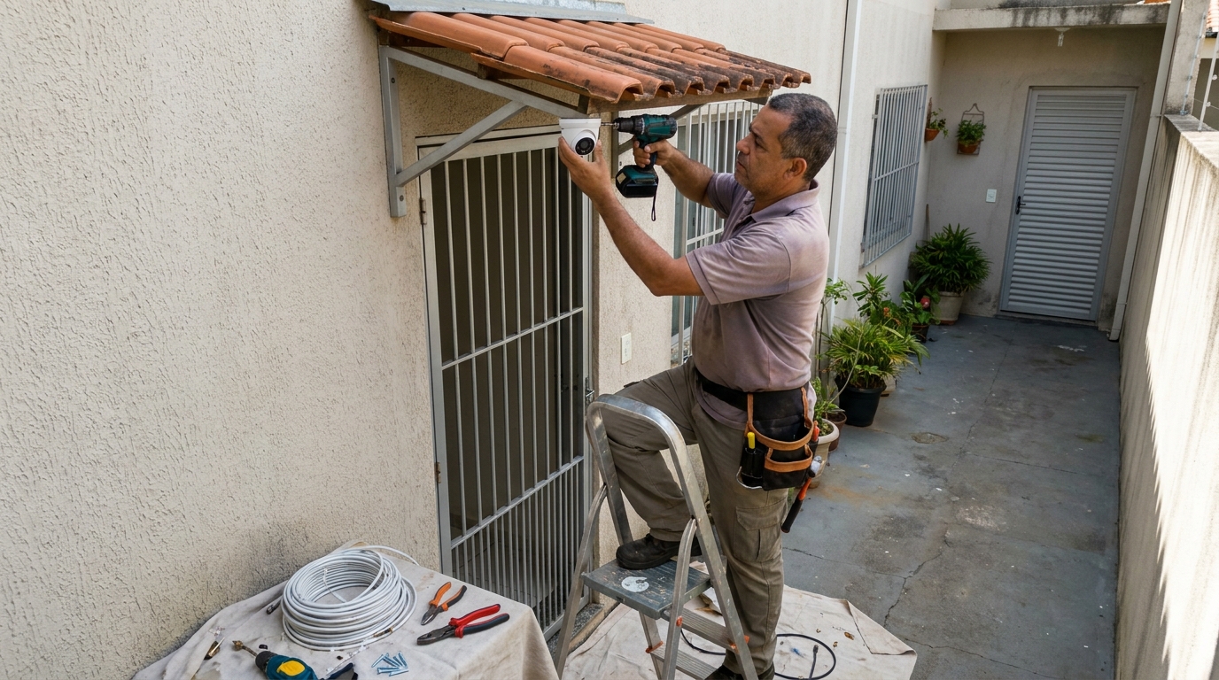 Eletricista instalando cameras de seguranca em Niterói‑RJ