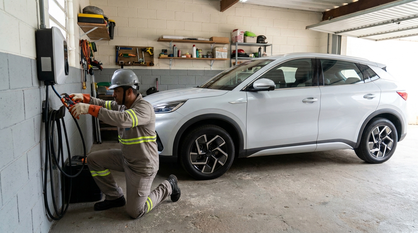 Eletricista instalando carregador de carro eletrico em Niterói‑RJ