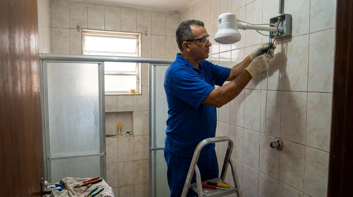 Eletricista instalando chuveiro eletrico em Niterói‑RJ