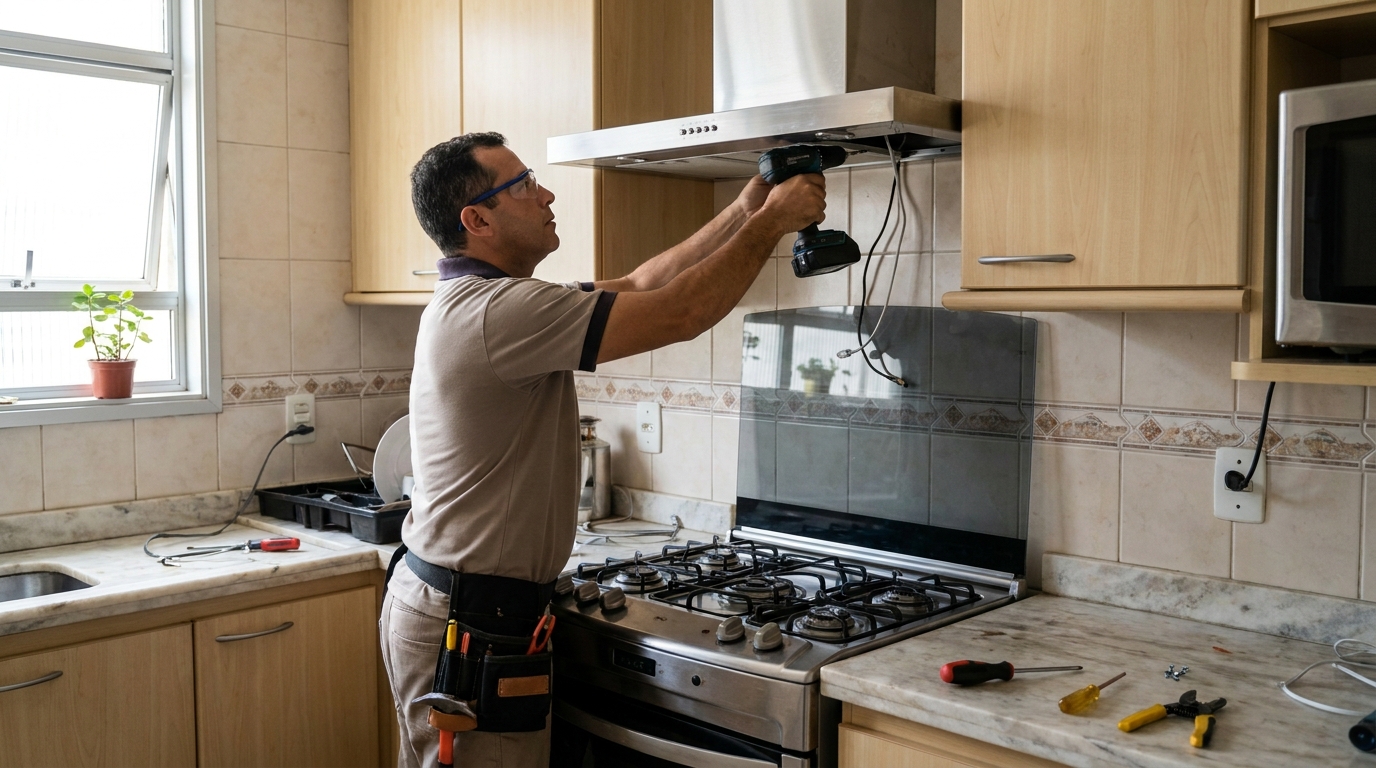 Eletricista instalando coifa em Niterói‑RJ