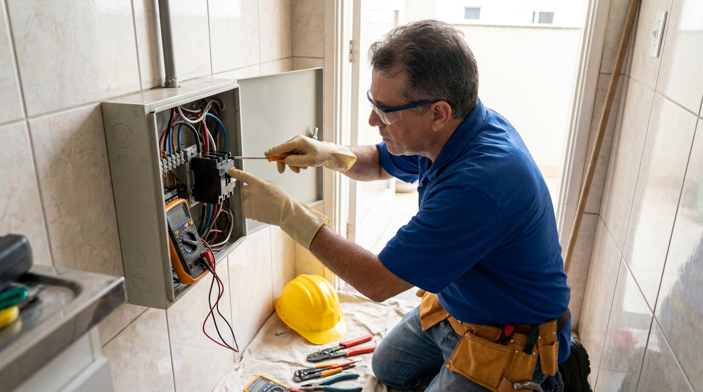 Eletricista instalando disjuntor em Niterói‑RJ