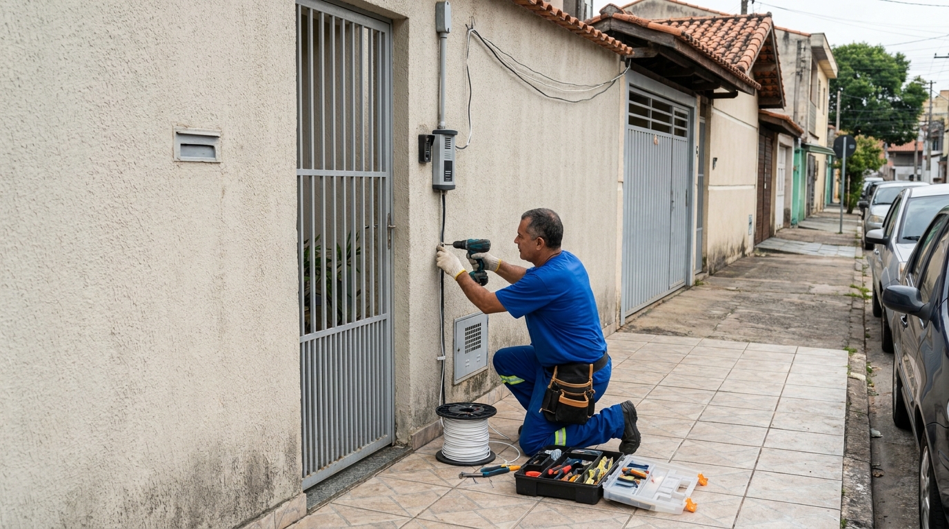 Eletricista instalando interfone em Niterói‑RJ