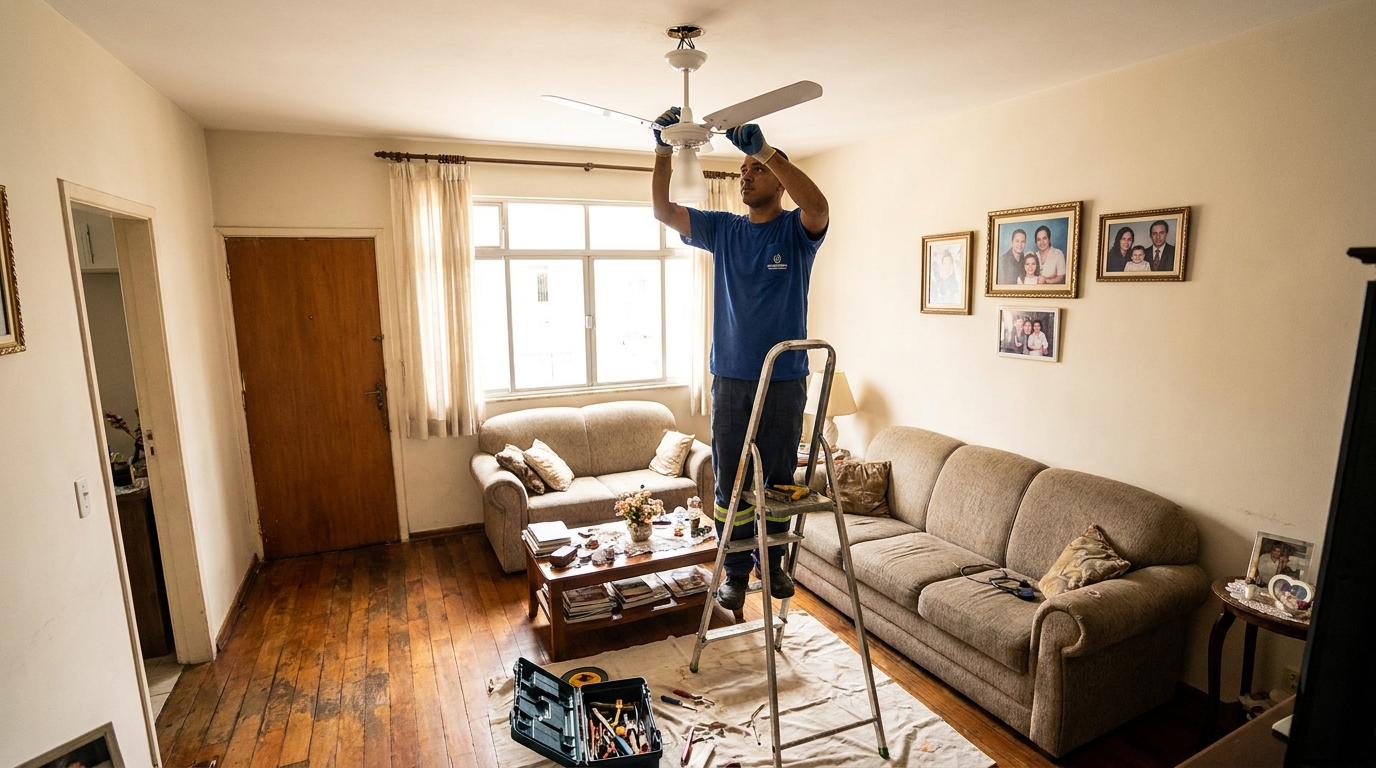 Eletricista instalando ventilador de teto em Niterói‑RJ