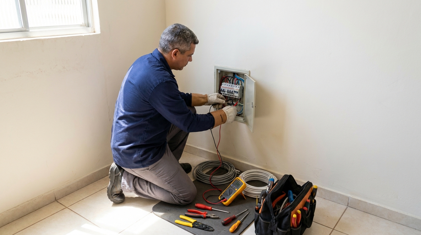Eletricista realizando manutencao em Niterói‑RJ
